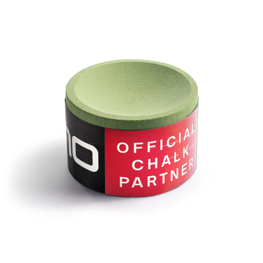TAOM V10 green cue chalk showing Official Chalk Partner label